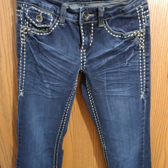 LA IDOL Jeans Sz 1 28x31 Flap pocket Bling Dark wash denim Designer Jr. pants - Picture 9 of 10